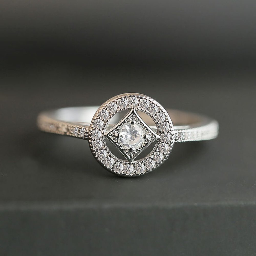925 Silver Plated Lovely Pave Double Layer Rhombus Ring for Women, VIP088